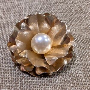 Vintage Gold Tone Dimensional Ruffled Flower Faux Pearl Statement Brooch Pin